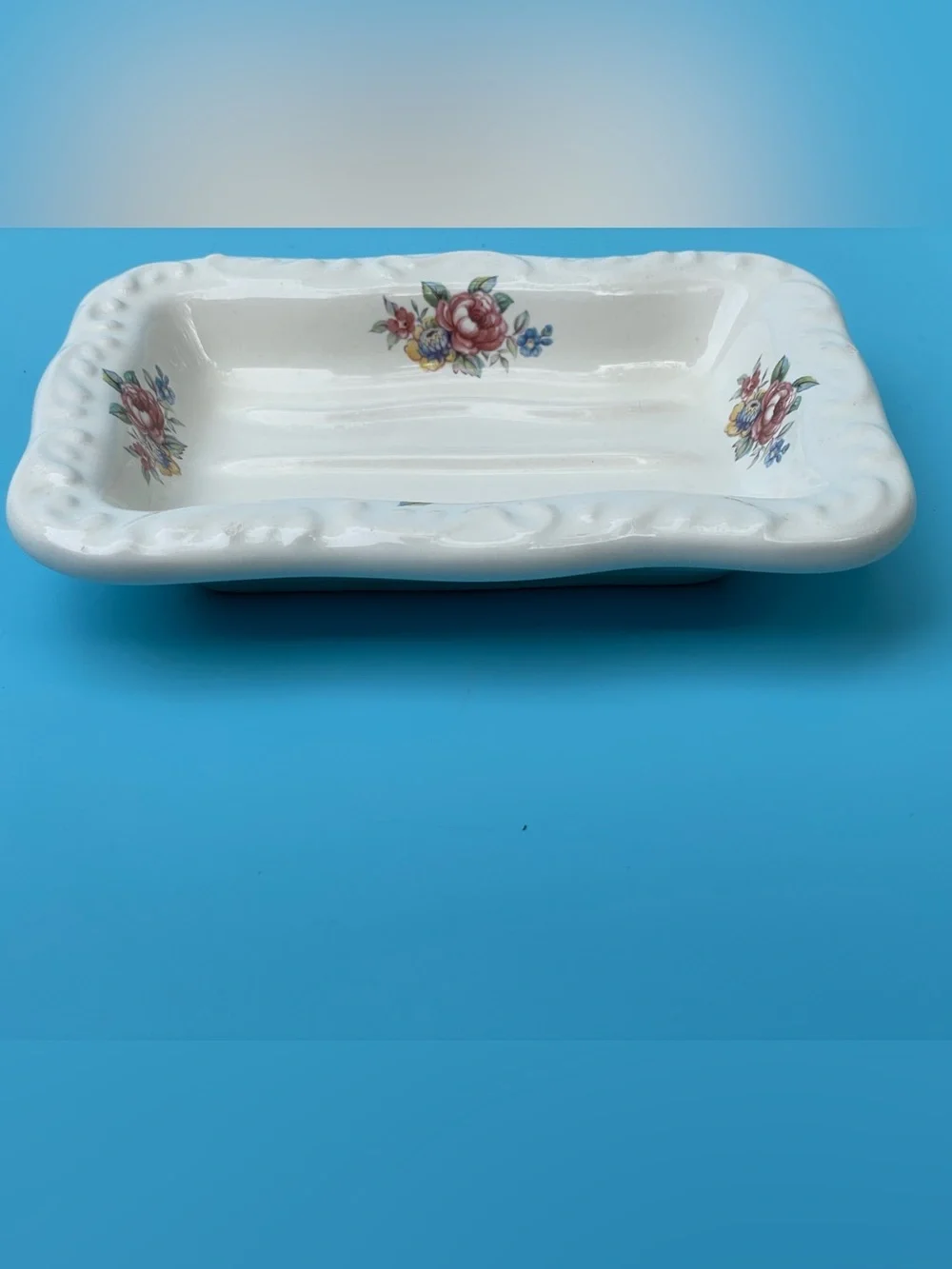 Vintage Athena Soap Dish White Ceramic Floral Pink Yellow Made USA Cottagecore